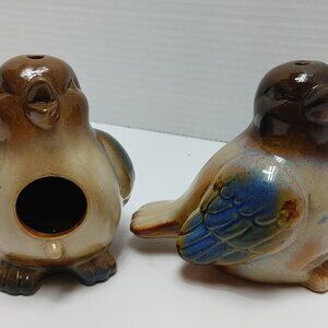 2Pcs Vintage Ceramic Robin Brown, Blue Glazed Bird Figurine Bird Feeder Garden